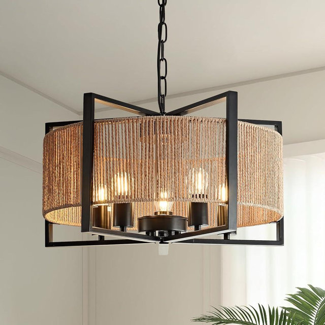 InterMaka Rattan Chandelier 19.7" Boho Light Fixtures 5-Light Modern Farmhouse Chandelier for Dining Room, Black Chandelier Rustic Hanging Ceiling Light for Kitchen Foyer Living Room Bedroom Entryway