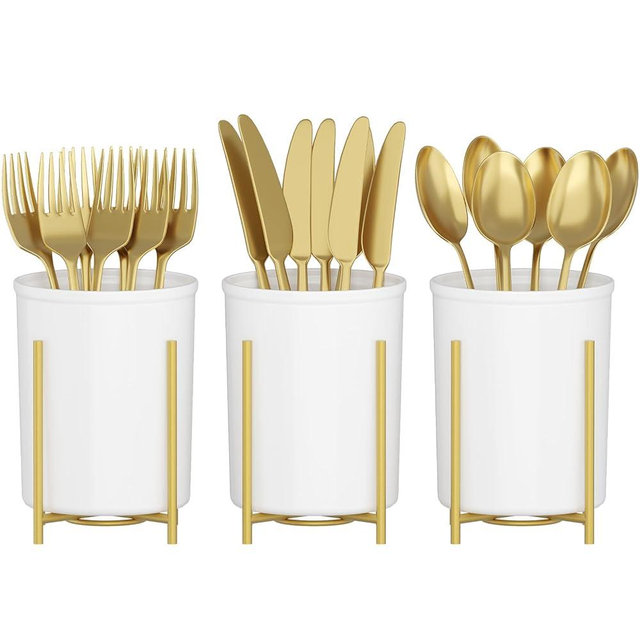 Lifewit 3-Pack Plastic Silverware Holder for Kitchen Countertop, Cutlery Flatware Caddy with Metal Brackets, Utensil Spoon Fork knives Organizer for Party Picnic, Gold