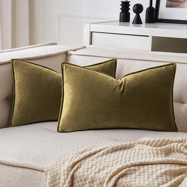 MIULEE Olive Green Velvet Lumbar Throw Pillow Covers 12x20 Soft Decorative Solid Square Cushion Cases Pack of 2 Modern Luxury Home Decor for Couch, Sofa, Bedroom