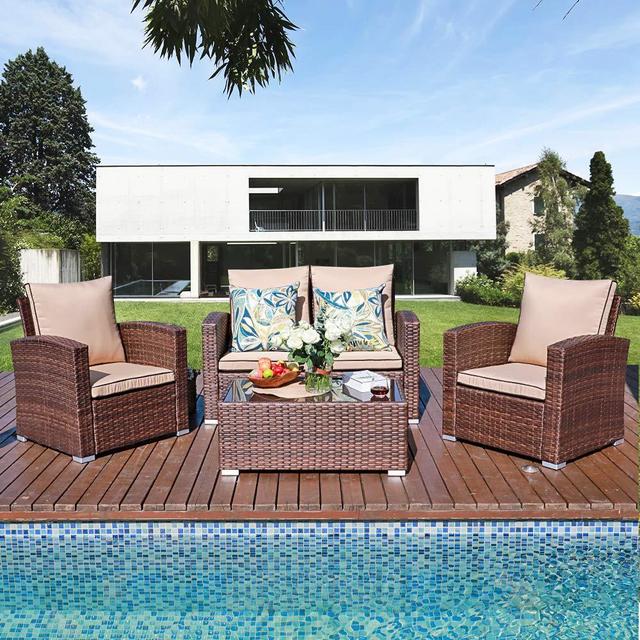 JOIVI Patio Furniture Set, 5 Piece PE Rattan Sectional Outdoor Conversation Sofa Set with Brown Wicker, Coffee Table with Tempered Glass, Beige Cushion