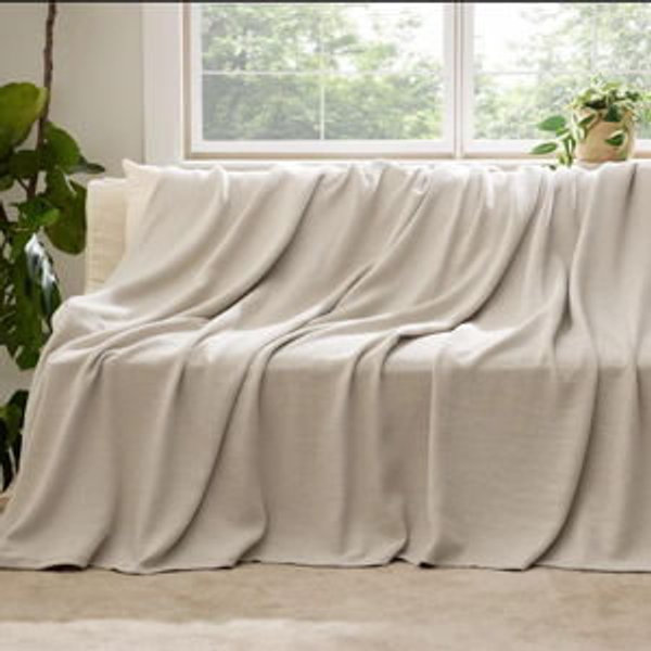Bedsure 100% Cotton Blanket Soft Cozy Textured Herringbone Woven Blanket for All Seasons - Linen Beige, King