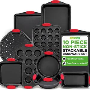 NutriChef 10-Piece Nonstick Kitchen Oven Baking Pans - Premium & Stylish Non-Stick Carbon Steel - Commercial Grade Restaurant Quality Metal Bakeware with Silicone Handles - Easy to Clean, NCSBS10S