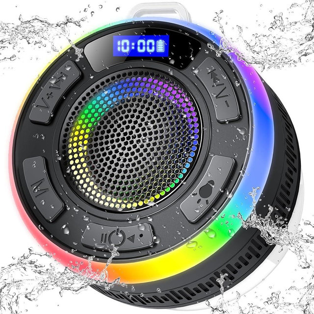 Shower Bluetooth Speaker IPX7 Waterproof, Portable Bluetooth Speakers with Suction Cup and Time Display, Crystal Sound&Bass LED Light 1100mAh, Wireless Shower Speaker for Outdoor/Kayak/ Gifts/Beach