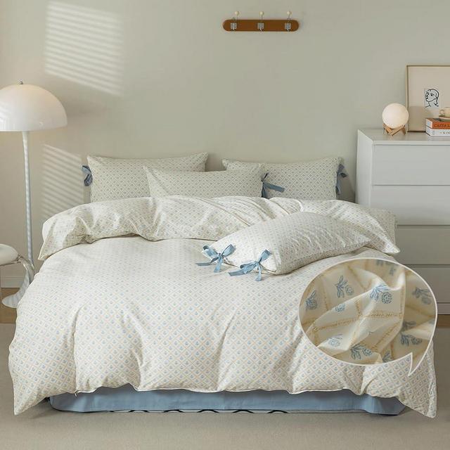 VM VOUGEMARKET Blue Flower Duvet Cover Queen with Plaid Grid Prints,100% Cotton Bedding Set,Aesthetic Comforter Cover for Girls Women 90x90 Inch