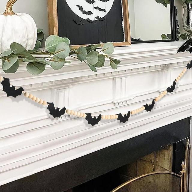 Halloween Decorations-Black Felt Bats Wood Beads Garland for Halloween Decorations Indoor- Farmhouse Felt Banner for Fireplace Mantel Walls (Halloween)