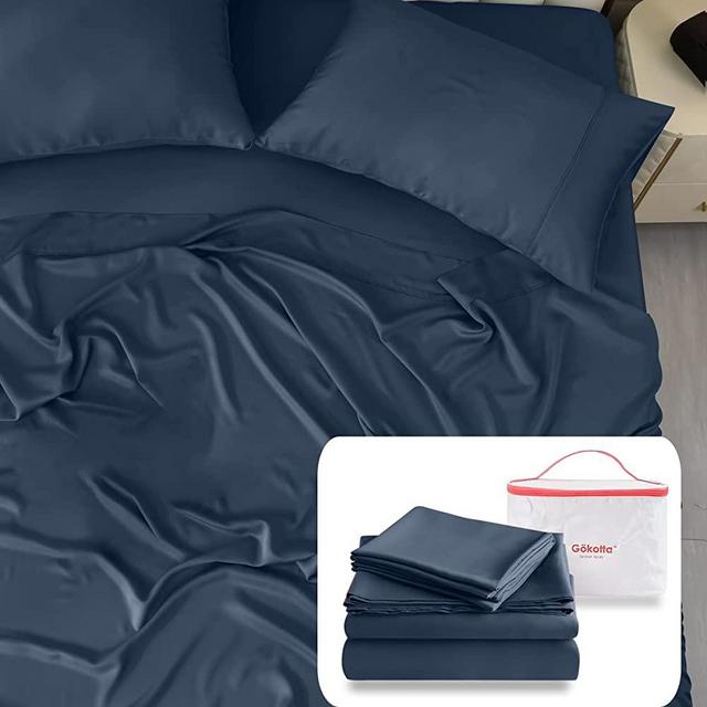 GOKOTTA Bamboo Sheets Set Queen Size, 4 Piece, 16" Deep Pocket Fitted, Soft Cooling 100% Bamboo Bedding Pillowcases, Breathable, Silky Rayon Sheets for Hot Sleeper, Navy Blue