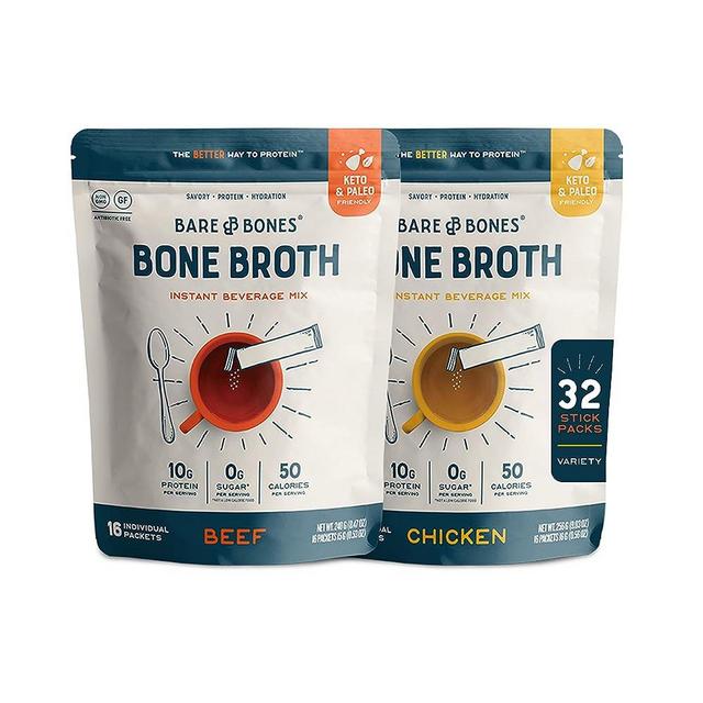 Bare Bones Bone Broth Instant Powdered Mix, Variety Pack, 16 Chicken and 16 Beef, 15g Sticks, 10g Protein, Keto & Paleo Friendly Bone Broth Packets, 32 Total Servings