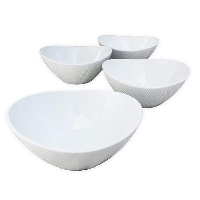 Euro Ceramica Highlands Chip Resistant Salad Bowl Set of 4, Semi Oval Shape Modern Chevron Texture, White for Buddha Bowls Rice Ramen Noodle Soup