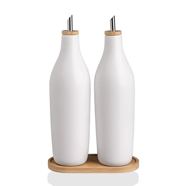 Sweejar Matte Ceramic Olive Oil Dispenser Bottles with Bamboo Tray, 17 Oz Oil Dispenser Set for Kitchen Counter, Opaque Oil Cruet for Cooking, EVOO, Vinegar, Avocado Oil, Pack of 2 (White & Tray)