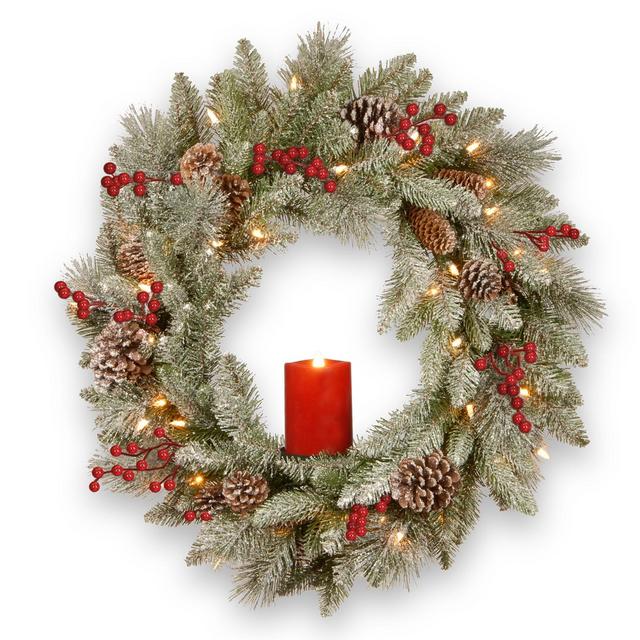 National Tree Company 24" Feel Real(R) Snowy Bristle Wreath with 50 Battery Operated Red Electronic Candle 9 Red Berries, 15 Cones with Remote Control & Timer-BAT- Pack 1