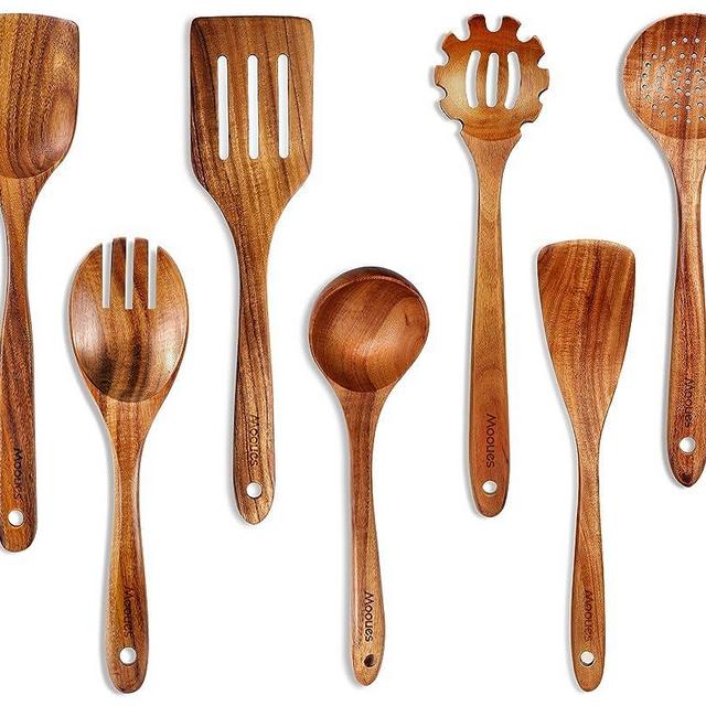 Mooues Wooden Spoons for Cooking, 7 Pcs Wooden Utensils for Cooking Natural Teak Wooden Kitchen Utensils Set