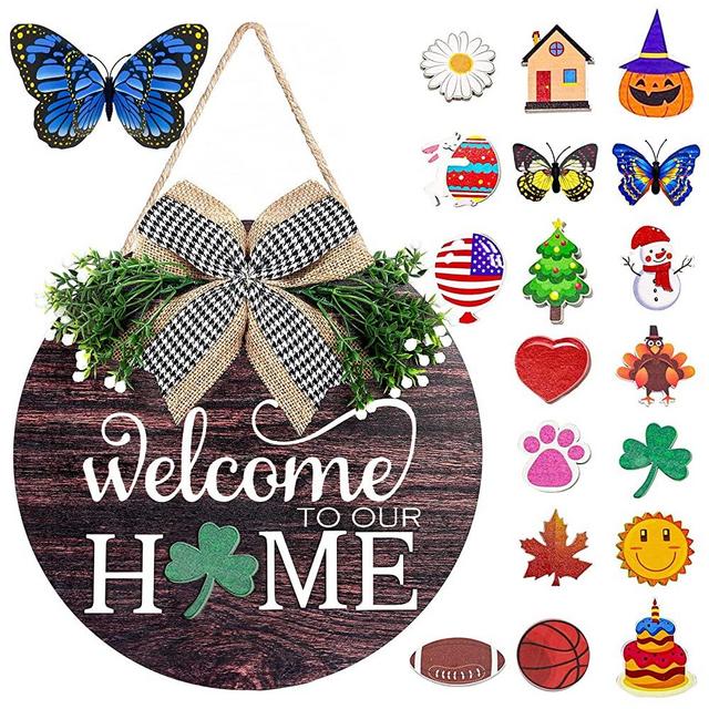 Interchangeable Seasonal Welcome Sign Wreath for Front Door - Upgraded Front Porch Decor Signs in Round Solid Wood with Greenery,Bow and 16 Seasonal Signs for Farmhouse Door Decoration,Easter,St.Patrick's Day,New Home Housewarming Gift,12x12 Inch