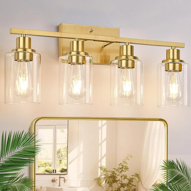 Indoi 4-Light Bathroom Light Fixtures, Bathroom Vanity Lights with Clear Glass Shades, Gold Bathroom Light Fixtures Over Mirror, Modern Bathroom Wall Lamp for Mirror Living Room Cabinet Bedroom Porch