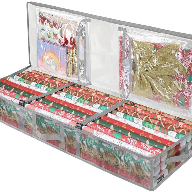 BALEINE Christmas Wrapping Paper Storage Bag, 40" Durable Soft PE Gift Wrap Storage Bag with Flexible Partitions and Pockets for Ribbon, Accessories (Transparent)