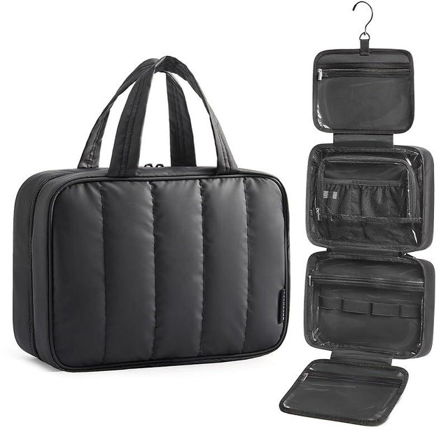 BAGSMART Travel Toiletry Bag for women, Portable Hanging Hook Makeup Bag Organizer, Waterproof Makeup Cosmetic Bag, for Full-Size Accessories, Toiletries,Black
