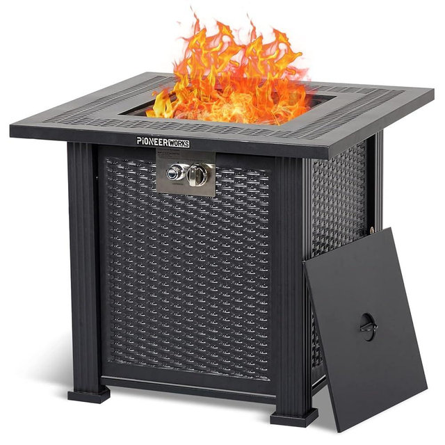 TROPOW 28 Inch Gas Fire Pit Outdoor Firepit Table, 50000BTU Rectangle Propane Fire Table with Cover & Rain Cover for Outside Garden Backyard Deck Patio, CSA Certification, Black
