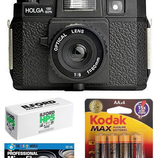 Holga 120GCFN Medium Format Film Camera with Built-in Flash with Ilford HP5 120 Black and White Film Kodak Batteries Accessories Bundle