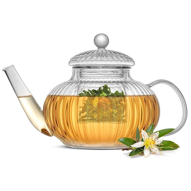 JoyJolt Fluted Glass Teapot Set 33.8oz w/Double Wall Glasses 13.5oz, Stovetop Safe Tea Kettle, Borosilicate Clear Tea Kettle with Removable Glass Infuser, Blooming and Loose Leaf Tea Maker Tea Brewer