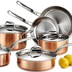 Lagostina Q554SA64 Martellata Tri-ply Hammered Stainless Steel Copper Oven Safe Cookware Set, 10-Piece, Copper