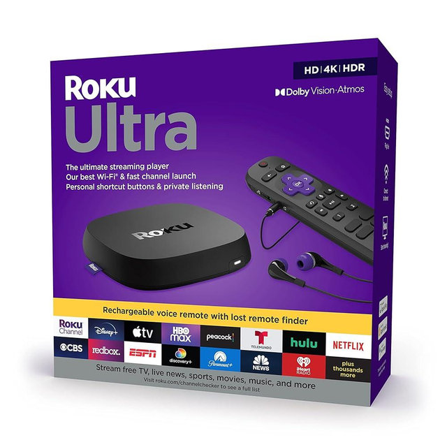 Roku Ultra 2022 4K/HDR Streaming Device and Roku Voice Remote Pro with Rechargeable Battery, Hands-Free Voice Controls, Lost Remote Finder, and Private Listening (Renewed)