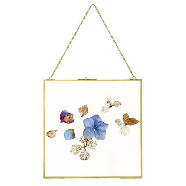 Large Brass Hanging Photo Frame for Pressed Flowers, 12x12 inch Double Clear Glass Frame DIY Artwork Picture Display Glass Clip Frames for Dried Plant Specimen Modern Wall Gold Square Ornament Frame