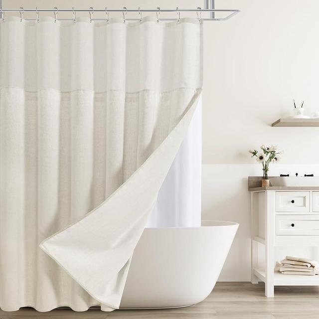 Naturoom Beige Linen Shower Curtain with Snap in Liner Set Rustic Farmhouse Shower Curtains for Bathroom 200GSM Textured Cream Burlap Cloth Double Shower Curtain with See Through Top Window 72x72