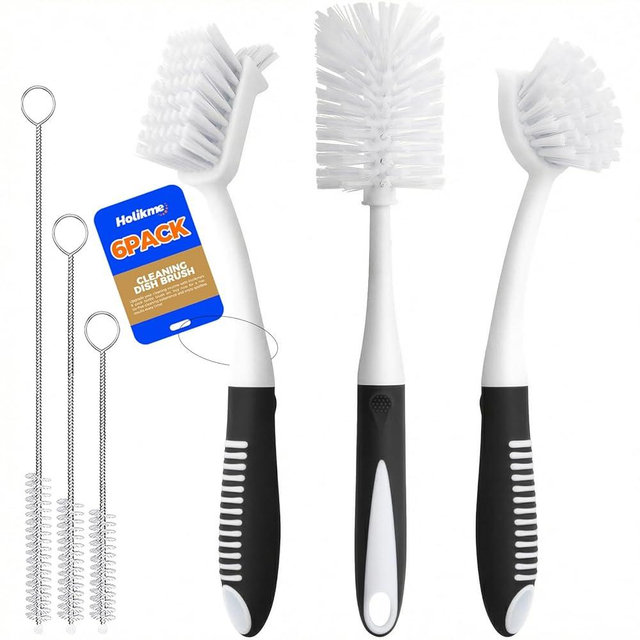 Holikme 6 Pack Dish Brush Set with Bottle Brush, Dish Scrub Brush, Pan Brush and 3 Straw Brushes, Deep Cleaning Handle Brush with Scraper Tip for Kitchen Sink Dishes Bottle Cup Pot and Pans (Black)