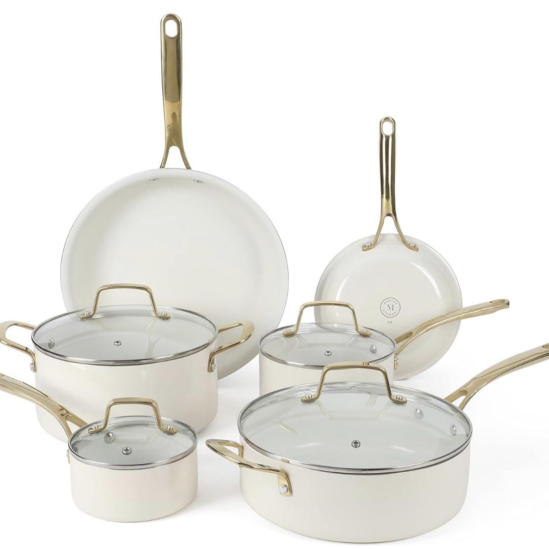 Martha Stewart Lockton Premium Nonstick PFA Free Ceramic Interior 10 Piece Heavy Gauge Enamel Aluminum Pots and Pans Cookware Set - Linen White w/Gold Handle