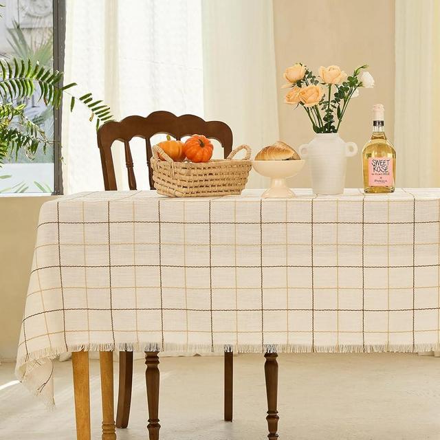 Midsummer Breeze Table Cloth Rectangle Table-Rustic Cotton Tablecloth Craft Fringed Farmhouse Table Cloths for Kitchen Dining (55x120 Inch, Cream Plaid)
