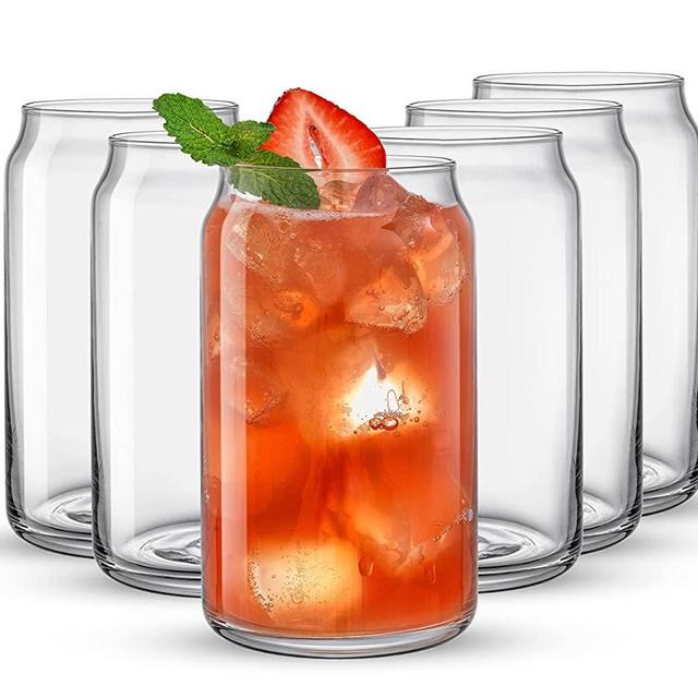 JoyJolt Drinking Glass Cups Set of 6 - 16oz Beer Can Glasses. Clear Soda Can Shaped Glass Cups, Cute Iced Coffee Cup Tumblers, Cold Drink Glassware, Unique Water, Tea, Cocktail Glass Set