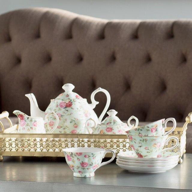 Talara 11 Piece Porcelain Rose Chintz Blue Cottage Tea Set