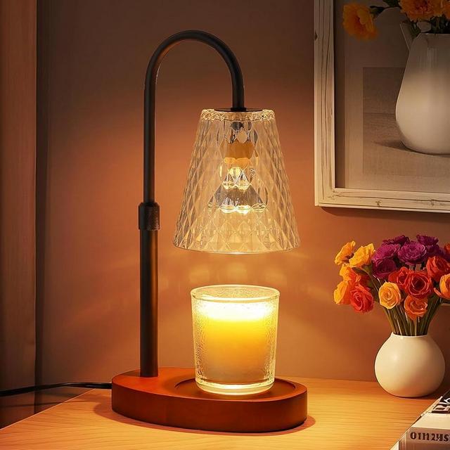 Candle Warmer Lamp with Timer: Electric Candles Warmers Adjustable Height Dimmable - Large Wax Candle Warmers Lamps Scented Flower Light - Home Decor Vintage Wood Base Shade Heat Modern Style Black