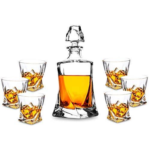 Premium Crystal Whiskey Decanter Set, KANARS Hand Made Liquor Decanter with 6 Twisted Old Fashioned Glasses for Scotch, Bourbon or Whisky, Unique Elegant Gift Box, 7-Piece
