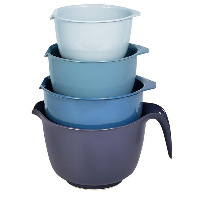 Glad Mixing Bowls with Pour Spout, Set of 4 - Nesting Plastic Bowls (1.2qt, 1.9qt, 2.8qt, and 3qt with Handle) - Non Slip Base, Dishwasher Safe Kitchen Cooking and Baking Supplies, Blue