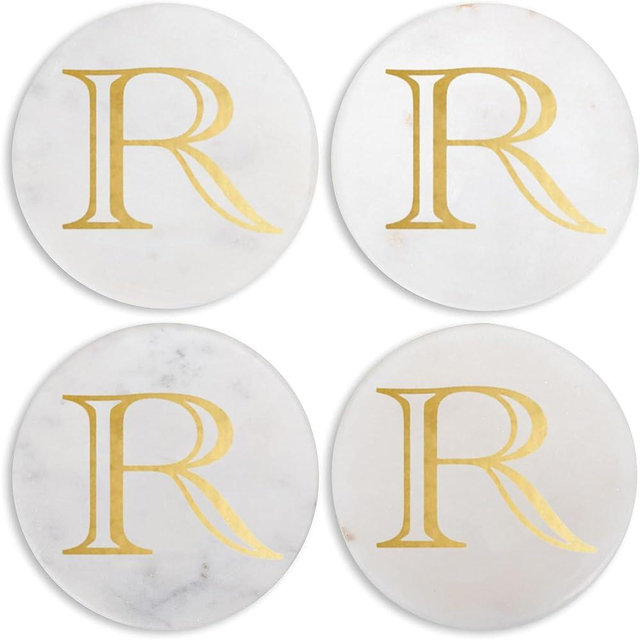 Mary Square Monogrammed R Gold Foil 4 inch Marble Round Coasters Set of 4