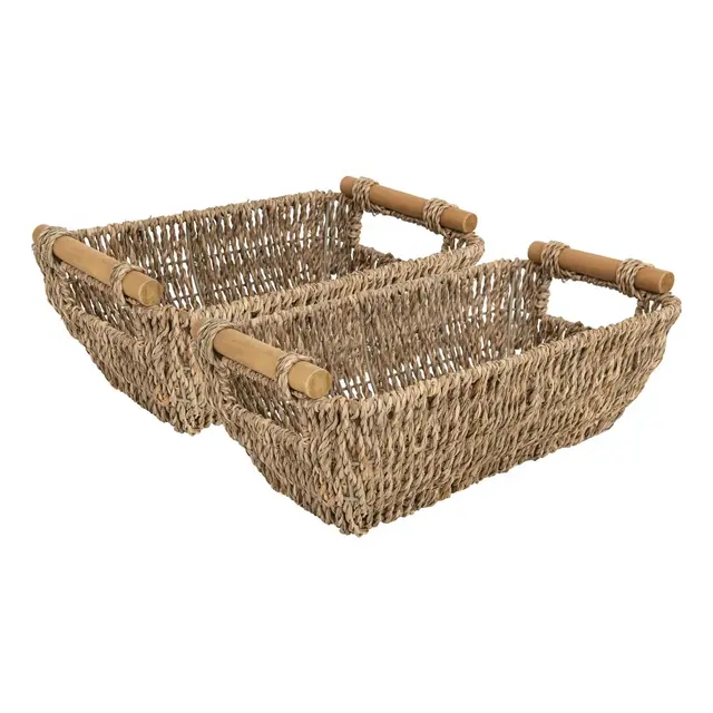 WeThinkStorage Set of 2 Woven Seagrass Decorative Basket with Wooden Handles