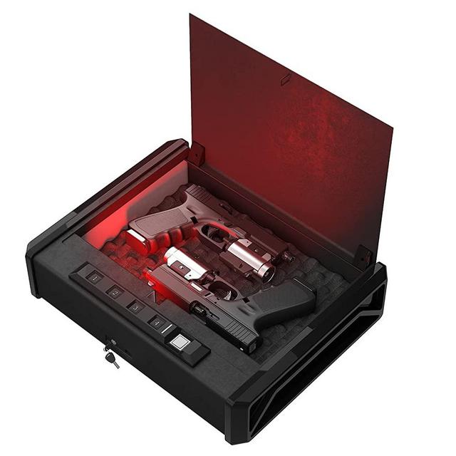 MIIIKO Gun Safe for Pistols, Fingerprint Gun Safe with Key Pad, Smart Handgun Safe for Home Beside Nightstand and Car, Steel Cables for Free