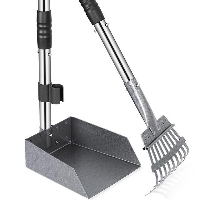 Heeyoo Dog Pooper Scooper, Dog Poop Tray and Rake Set, Pet Waste Removal Scoop with Long Adjustable Sectional Stainless Handles