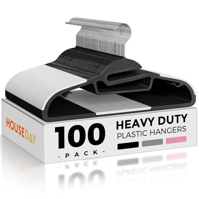 HOUSE DAY Heavy Duty Plastic Hangers 100 Pack, Black Slim Clothes Hangers Space Saving, Non Slip Hangers with Rubber Pads, Durable Coat Hangers for Closet, S-Shaped Hanger for Shirt, Suit, Pant, Skirt