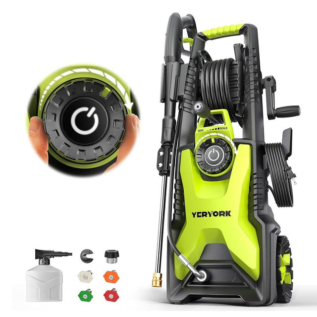 5000 Max Adjustable PSI Pressure Washer, 2 Max GPM Power Washer with 33 FT Hose Reel, Steel Wand, 500ml Foam Cannon, 4-Nozzle Set, Electric Pressure Washer for Cars, Fences, Patios