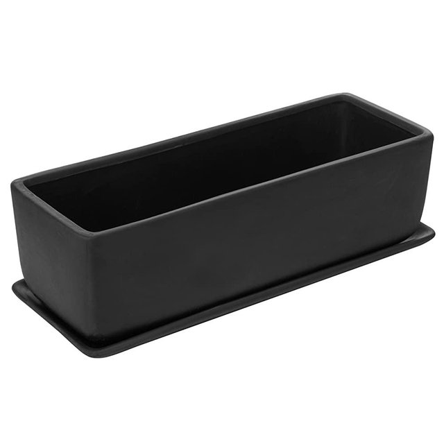 MyGift 14-Inch Rectangular Modern Ceramic Succulent Planter Pot, Window Box with Saucer, Matte Black