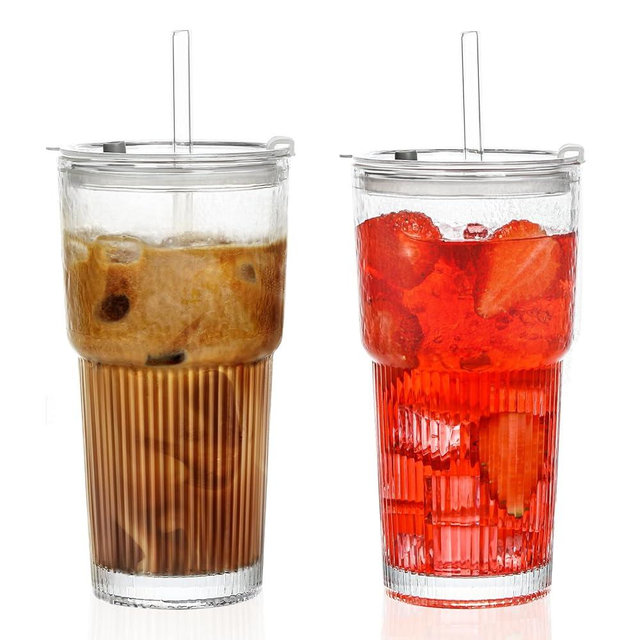 2 Pack 20 Oz Glass Cups with Lids and Straws Glass Iced Coffee Cups with Lids Vintage Ribbed Glass Tumbler for Beer Ice Coffee Fruit Juice Elegant Aesthetic Cup Glassware Include 1 Cleaning Brushes