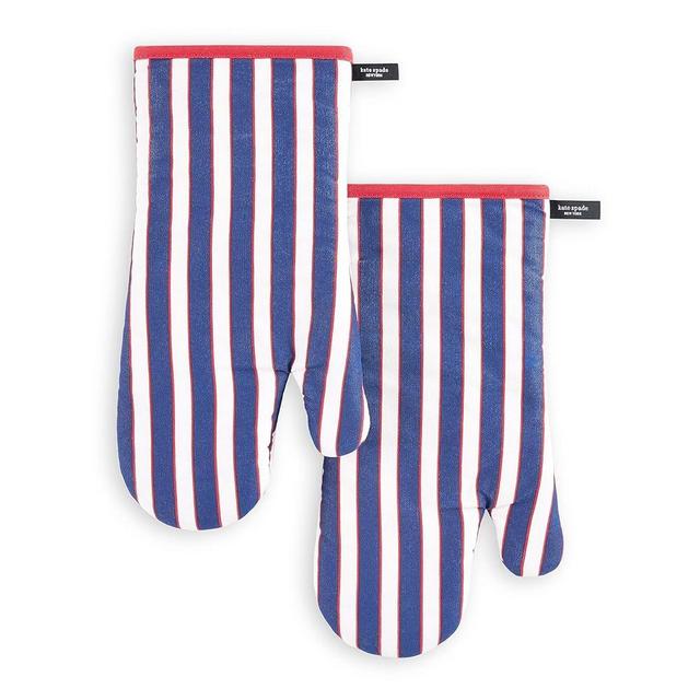 Kate Spade New York Botanical Stripe Oven Mitt 2-Pack Set, 7" x 13", Navy Blue/Red
