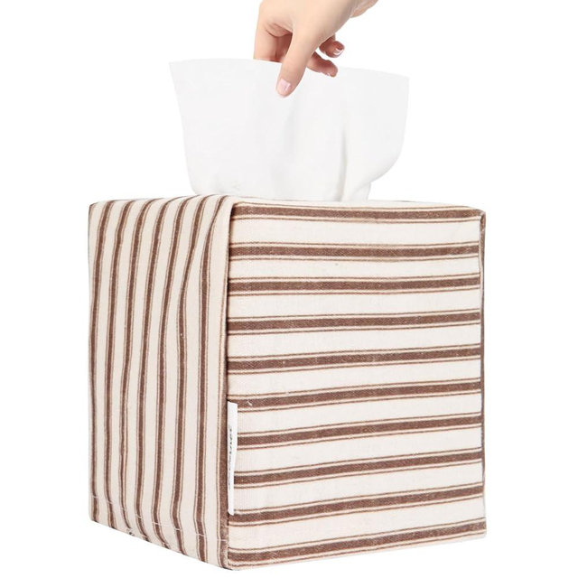 Tissue Box Cover, Fabric Tissue Box Holder Square, Stylish Reusable Toilet Paper Storage, Modern Bathroom Counter Organizer Decorations Accessories,Ticking Stripe 5''x5''x5'' (Light Brown)