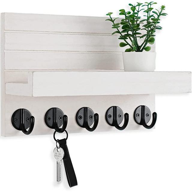 Lwenki Key Holder for Wall, Decorative Key and Mail Holder with Shelf Has Large Key Hooks for Bags, Coats – Paulownia Wood Key Hanger with Mounting Hardware (9.8”W x 6.7”H x 4.2”D) (White)