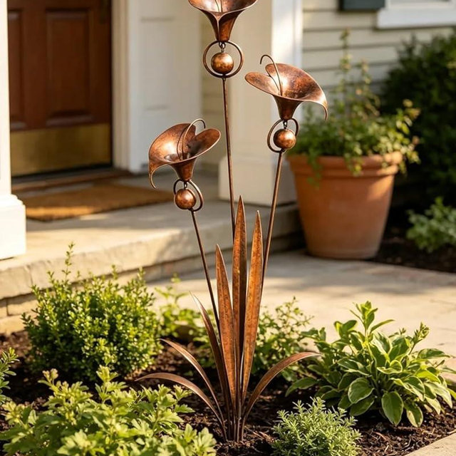 Kysryye 2026 Flamed Copper Three Calla Lilies Garden Stake with Bells, Rain Catcher Flower Handmade 24inch Large Whimsical Metal Plant Sculpture Yard Art Decor, Rustic Wind Chime Ornament Gift