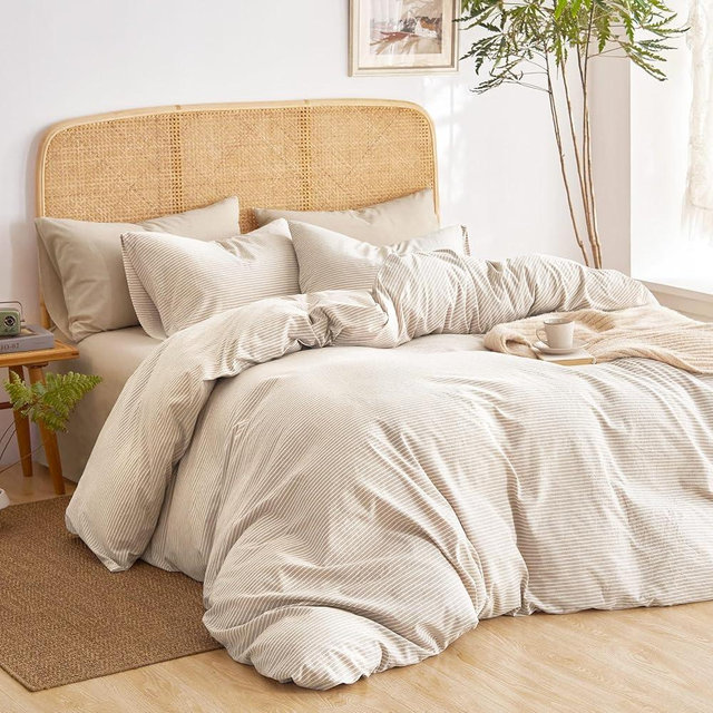 Wake In Cloud - Striped Cotton Duvet Cover Set, 100% Washed Cotton Textured Percale Bedding Set, Ticking Stripe Pinstripe Farmhouse, 3 Pieces, Tan, King Size