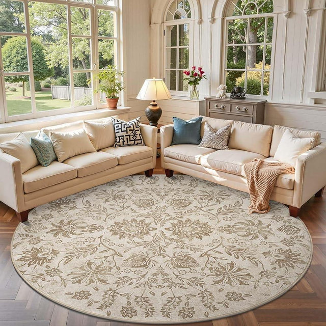jinchan Classic Floral Round Rug 8ft, Vintage-Inspired Neutral Design 8’Circle Rug, Machine Washable Ultra-Thin Low-Pile Non-Slip Indoor Carpet for Bedroom Dining Room Living Room, Taupe