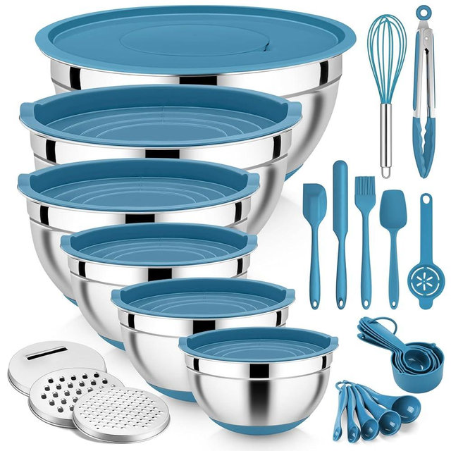 E-far 25PCS Mixing Bowls with Lid Set, Stainless Steel Nesting Prep Bowls with Grater Attachments Non-Slip Bottoms for Cooking, Baking, Serving, Food Storage, 4.6/2.6/2/1.5/1/0.7QT - Blue