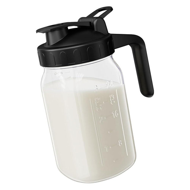 JunVpic Breast Milk Pitcher Jug - 32 oz Glass Mason Jar Airtight Pitcher with Pour Spout Handle for Breastmilk, Iced Tea, Ice Drinks Storage Container（Black）